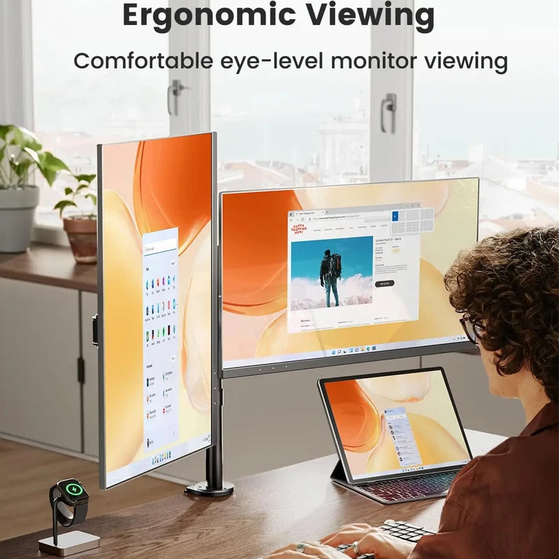 Dual Monitor Stand for 27 Inch Screens with Adjustable Height, Tilt & 360° Rotation