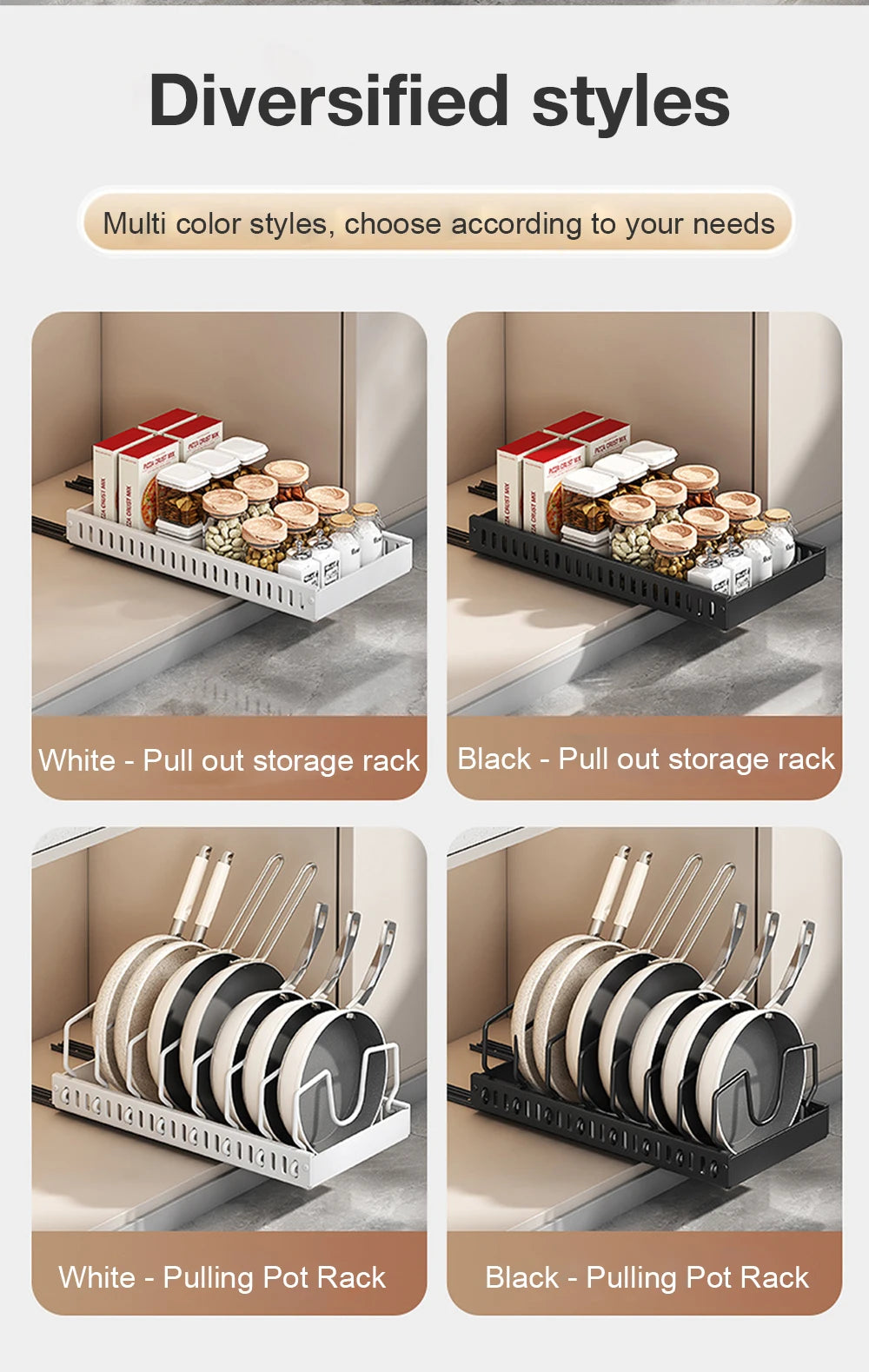 Pull-Out Pots & Pans Organizer for Cabinets – Adjustable Under Cabinet Cookware Storage Rack with 8 Dividers