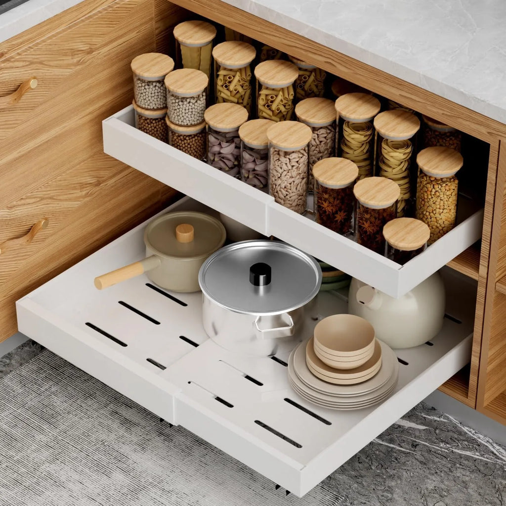 Expandable Pull-Out Cabinet Organizer with Adjustable Sliding Drawer