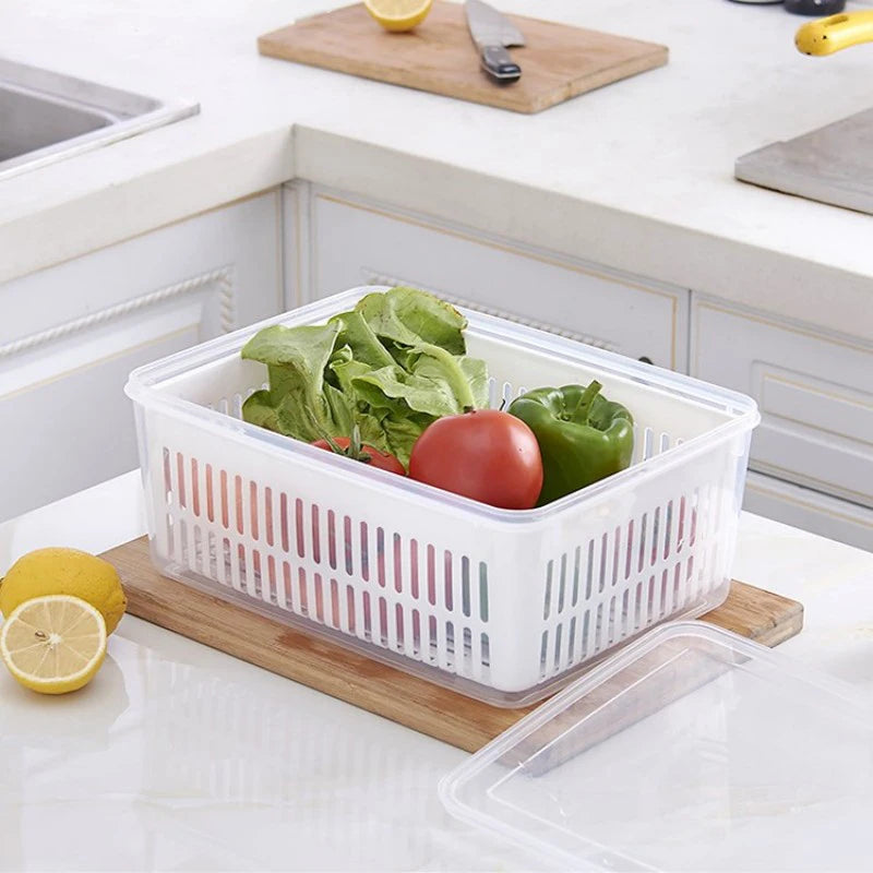 Refrigerator Storage Container with Drain Basket for Fruits & Vegetables