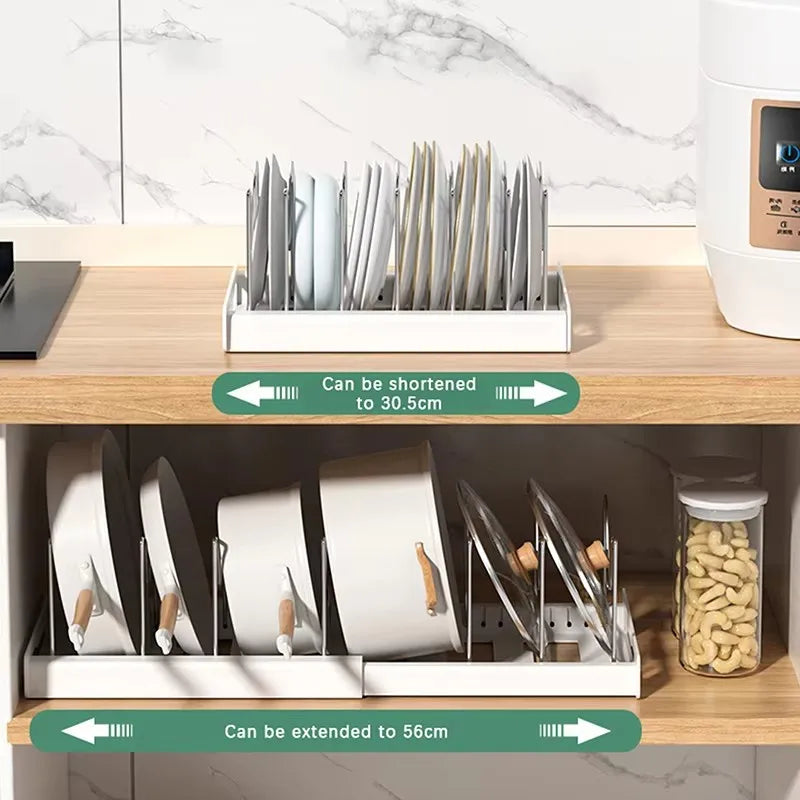 Estante organizador de sartenes expandible con 7 compartimentos ajustables, estante de almacenamiento de platos, organizador de tapas de ollas, soporte de ollas, estante de utensilios de cocina