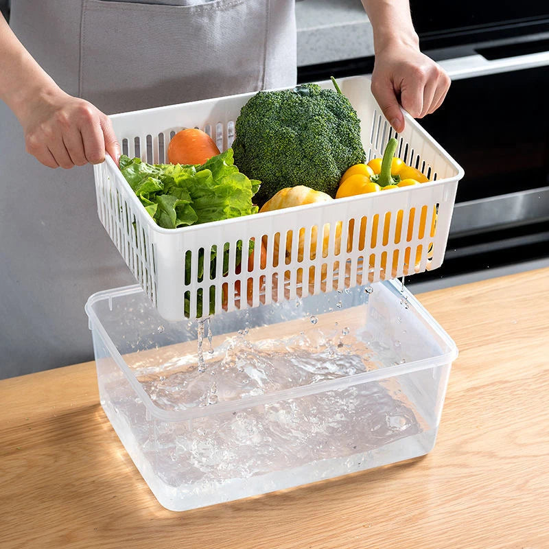 Refrigerator Storage Container with Drain Basket for Fruits & Vegetables