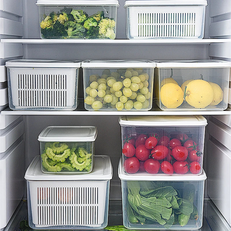 Refrigerator Storage Container with Drain Basket for Fruits & Vegetables
