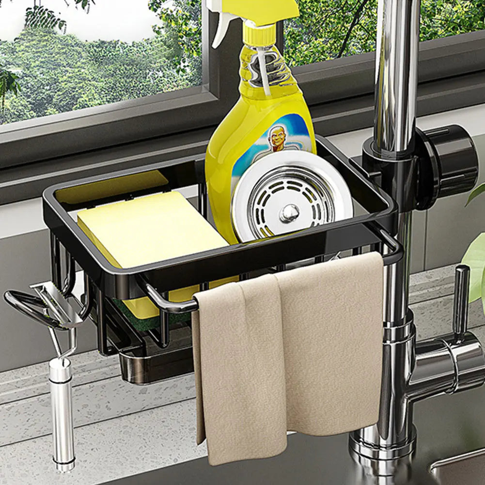 Aluminum Over-the-Faucet Sink Organizer – Sponge, Soap & Brush Holder
