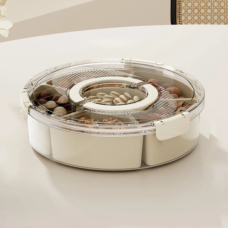 Rotating Snack Serving Tray with Lid & Handle – Divided Snack Spinner Organizer for Fruits, Candy, Nuts & Party Platters