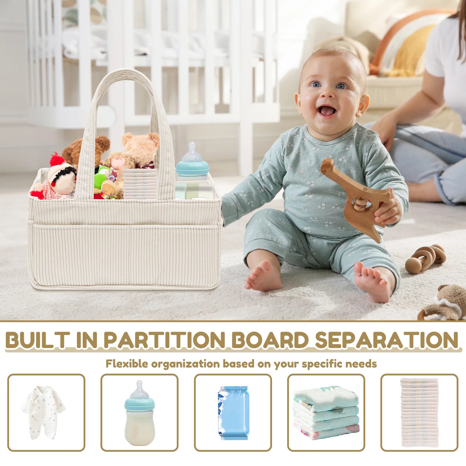 Baby Diaper Caddy Organizer – Corduroy Nursery Storage Basket with Handle, Multi-Compartment Baby Essentials Organizer for Diapers & Toys
