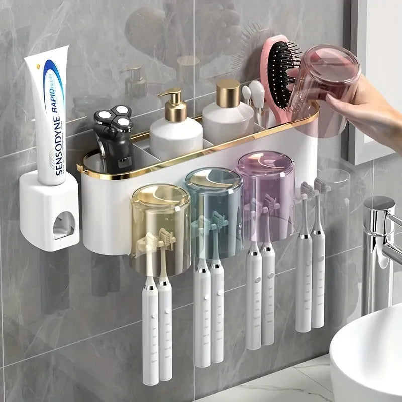 Wall-Mounted Toothbrush Holder with Toothpaste Squeezer & Cup