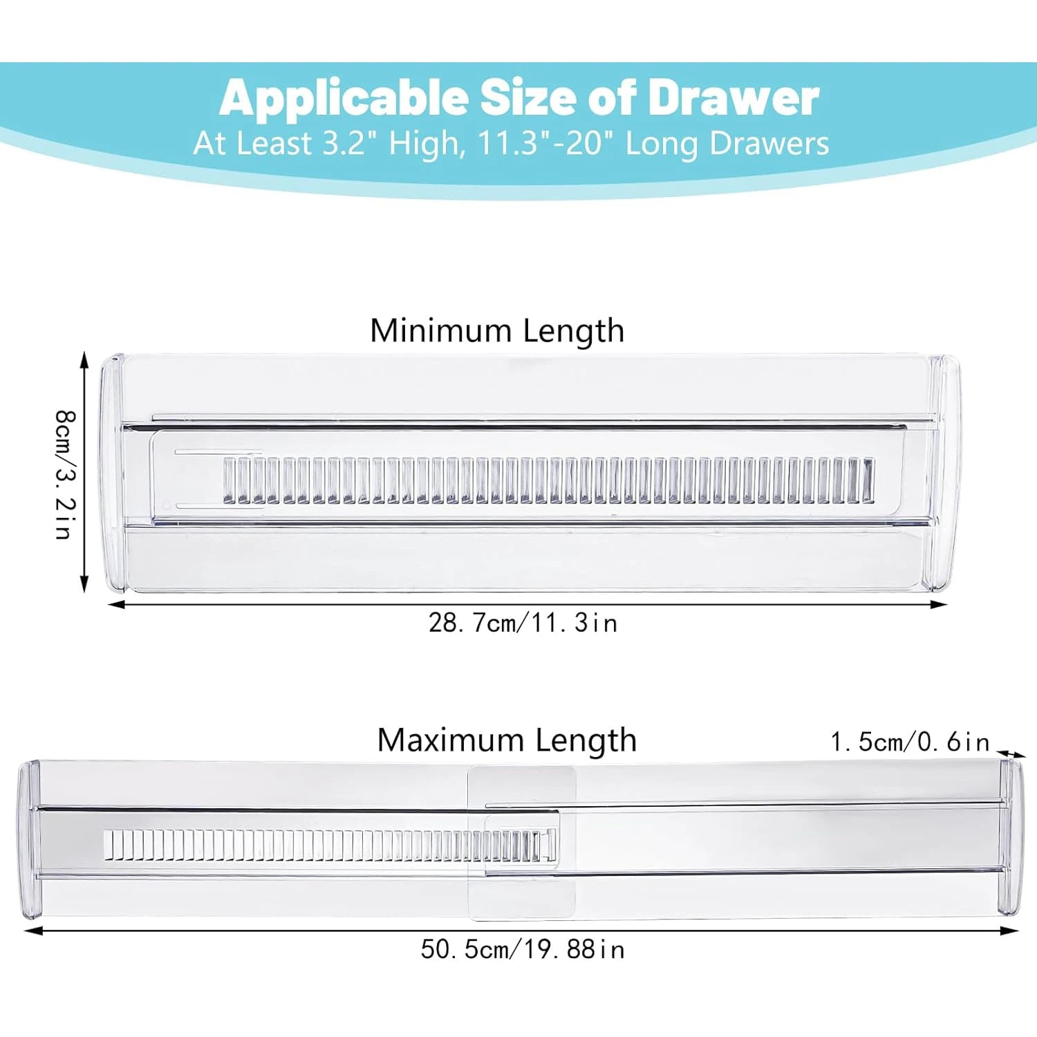6 Pack Adjustable Drawer Dividers – Expandable Clear Drawer Organizer for Clothes, Kitchen Utensils, Tableware & Home Storage