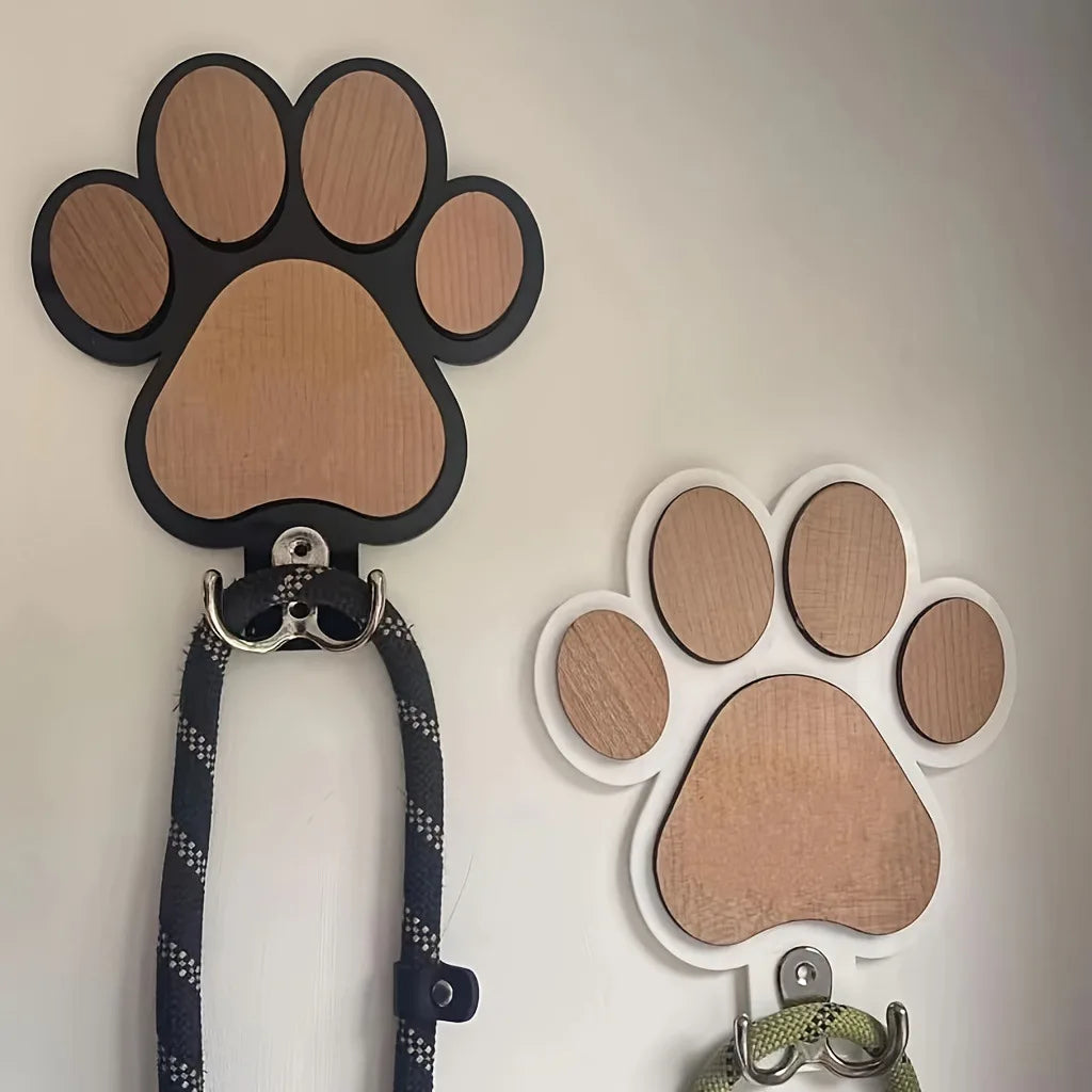 Paw Print Wooden Dog Leash Wall Hook – No-Drill Pet Organizer for Leashes, Collars, Keys & Coats