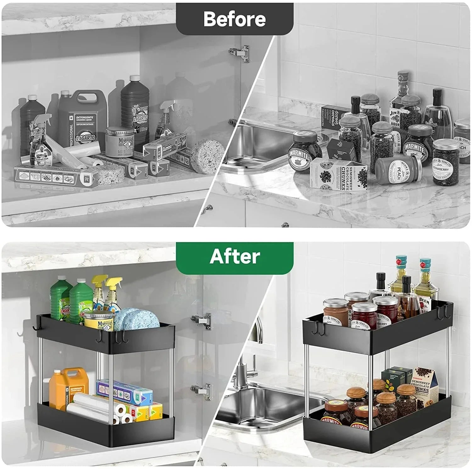 Organizador de almacenamiento para debajo del fregadero de 1/2 pieza, estante multiusos de 2 niveles con cajones para debajo del fregadero, organizador para baño y cocina