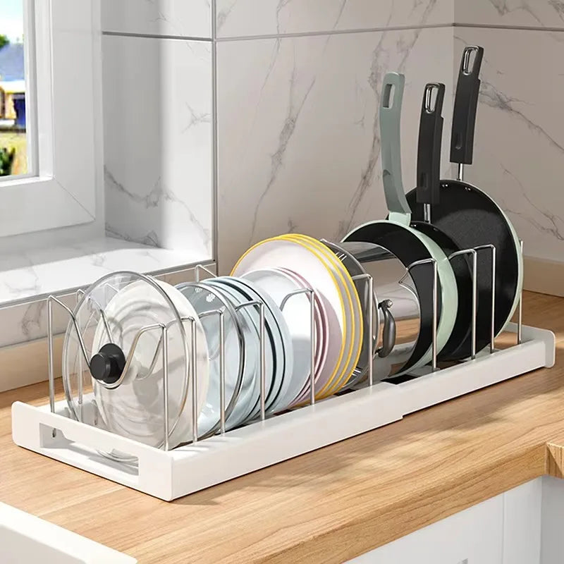 Estante organizador de sartenes expandible con 7 compartimentos ajustables, estante de almacenamiento de platos, organizador de tapas de ollas, soporte de ollas, estante de utensilios de cocina