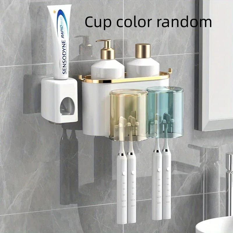 Wall-Mounted Toothbrush Holder with Toothpaste Squeezer & Cup