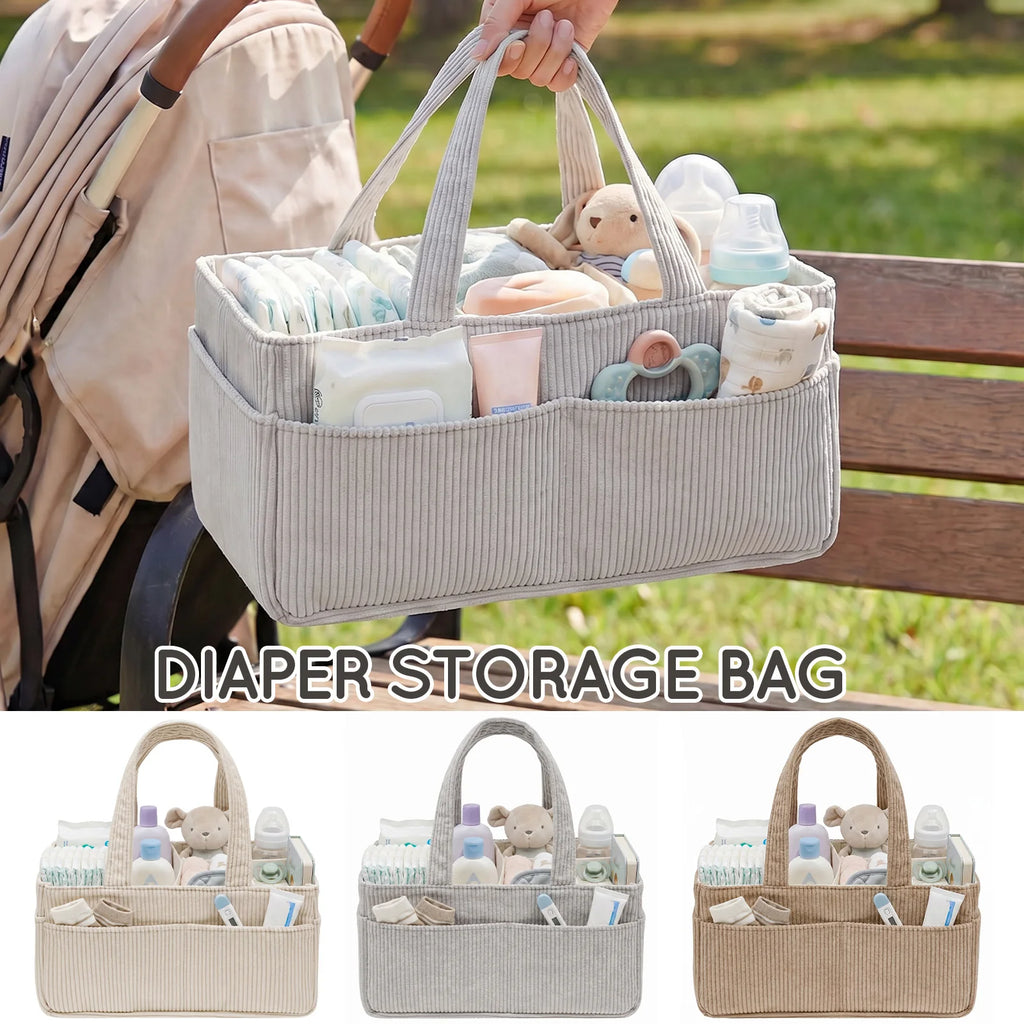 Portable Baby Diaper Caddy Organizer – Soft Corduroy Nursery Storage Basket with Handle, Multi-Pocket Baby Essentials & Toy Organizer