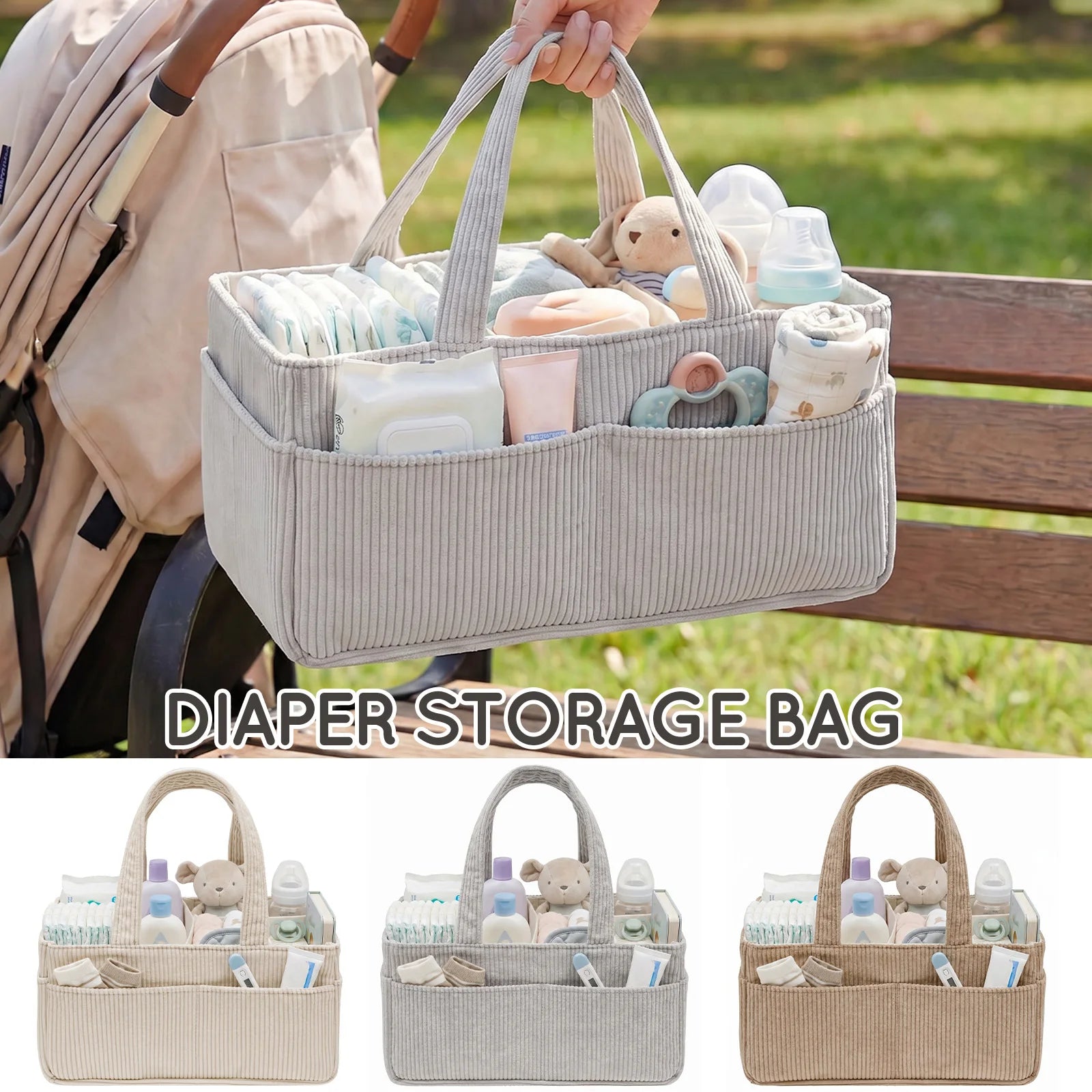 Portable Baby Diaper Caddy Organizer – Soft Corduroy Nursery Storage Basket with Handle, Multi-Pocket Baby Essentials & Toy Organizer