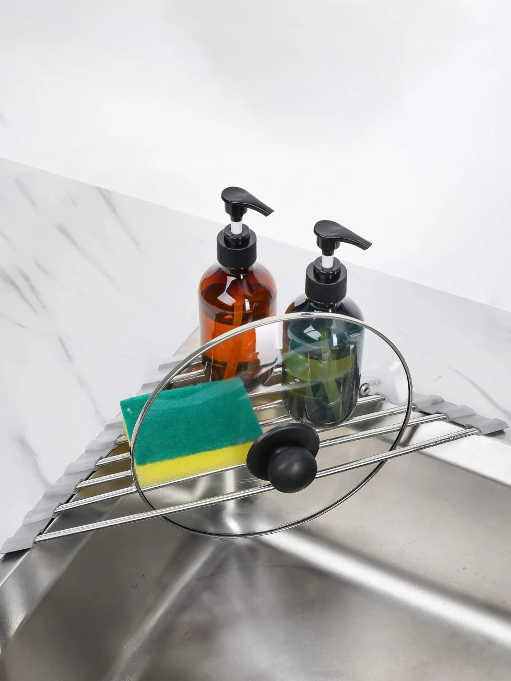 Roll Up Triangle Sink Drying Rack with Drainage Design for Kitchen Counter Organization