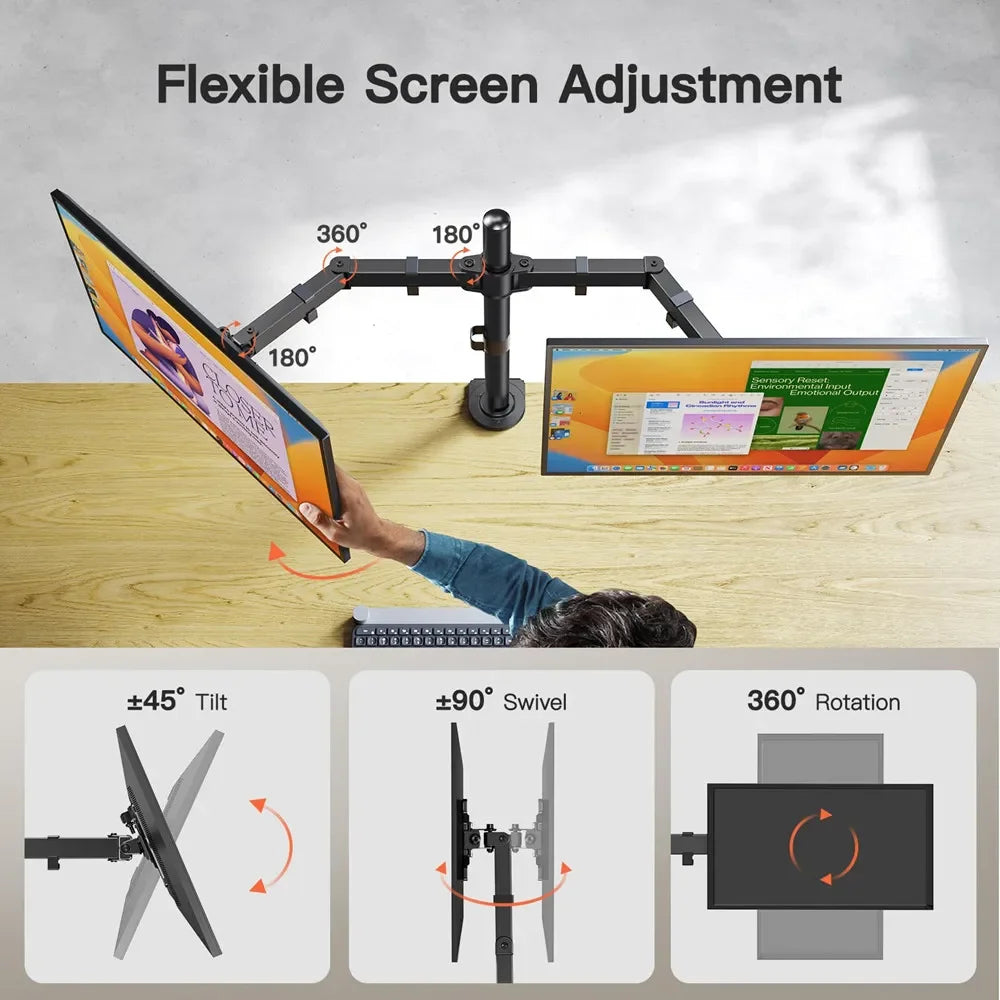 Dual Monitor Stand for 27 Inch Screens with Adjustable Height, Tilt & 360° Rotation