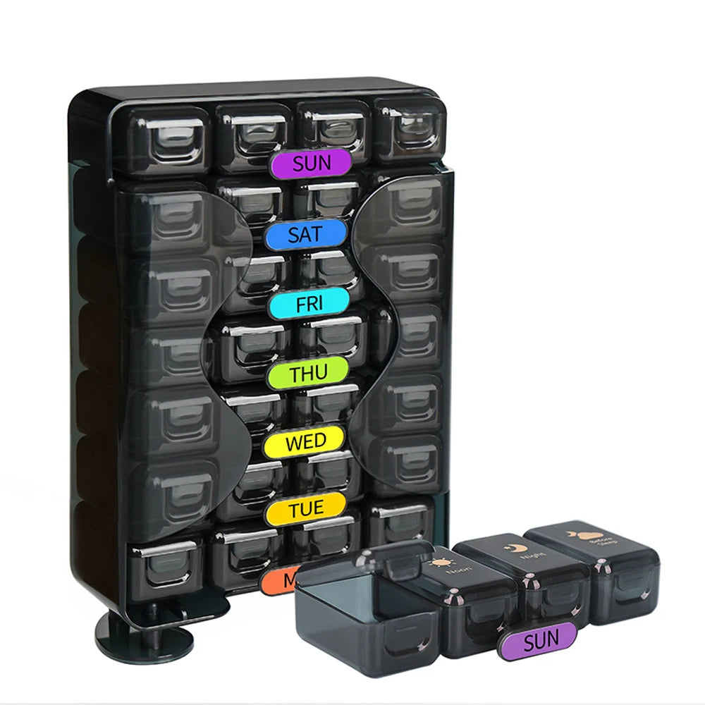 7-Day Weekly Pill Organizer – Large 4 Times a Day Medicine Box with Portable Daily Compartments for Vitamins & Supplements7-Day Weekly Pill Organizer – Large 4 Times a Day Medicine Box with Portable Daily Compartments for Vitamins & Supplements