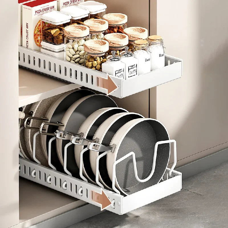 Pull-Out Pots & Pans Organizer for Cabinets – Adjustable Under Cabinet Cookware Storage Rack with 8 Dividers
