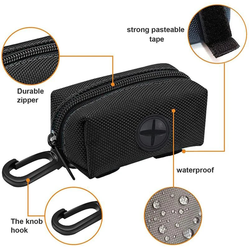 Portable Dog Poop Bag Dispenser – Waterproof Leash Attachment Holder with Storage Pocket for Walks & Outdoor Cleanup