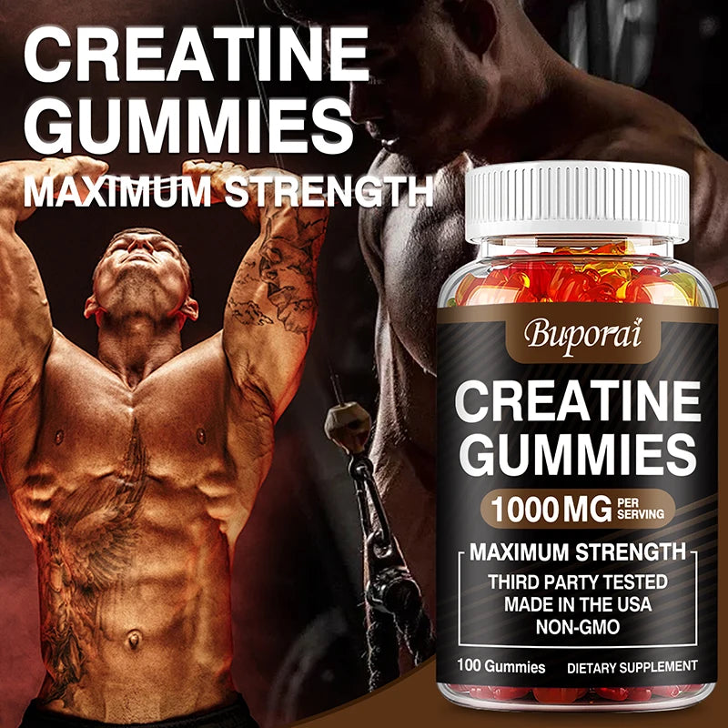 Creatine Monohydrate Gummies for Adults – Strawberry Flavor Supplement for Muscle Strength, Athletic Performance & Workout Support