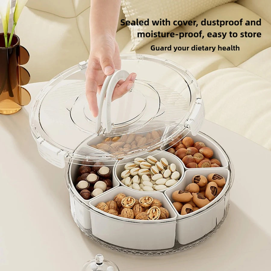 Rotating Snack Serving Tray with Lid & Handle – Divided Snack Spinner Organizer for Fruits, Candy, Nuts & Party Platters