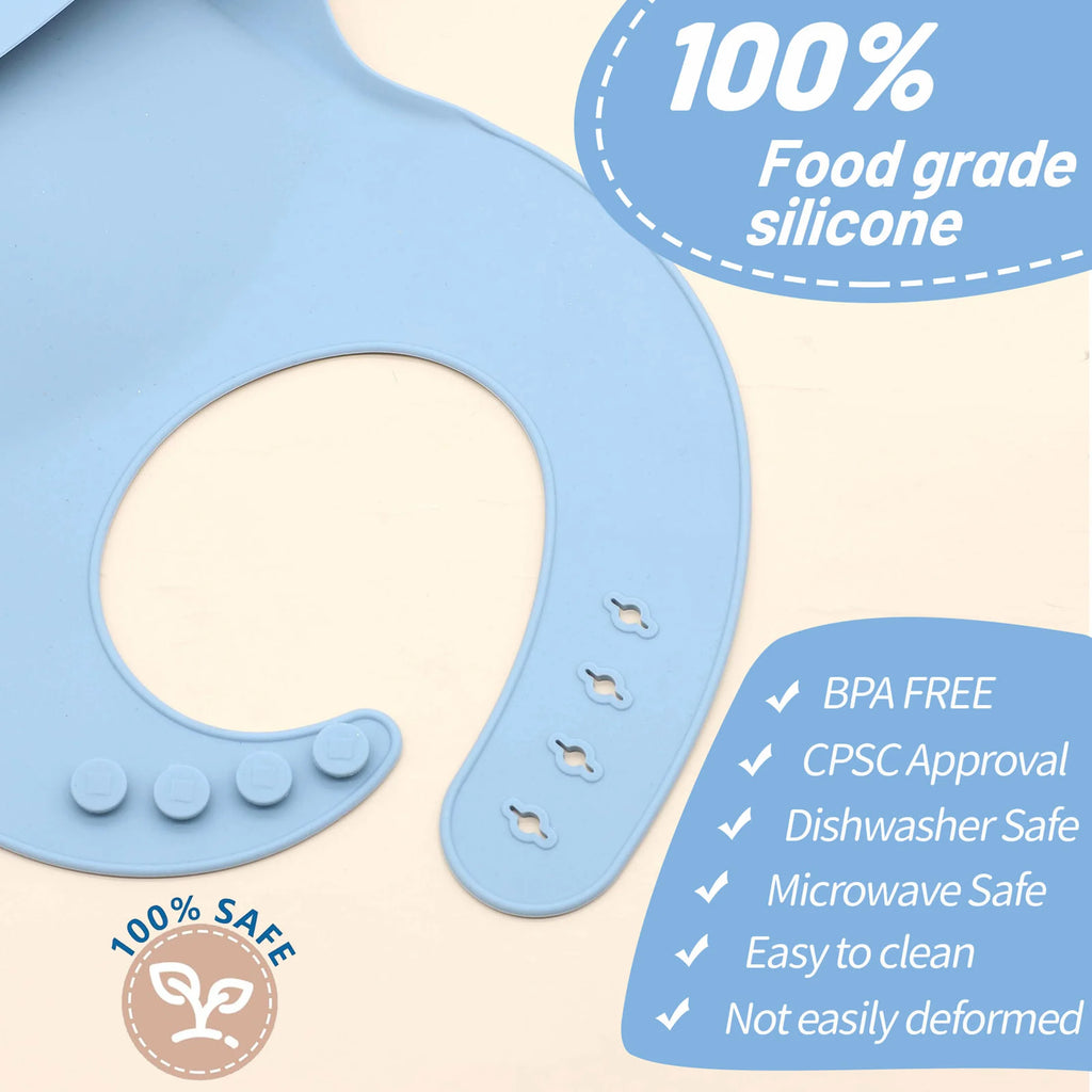 Babero de silicona de grado alimenticio con recolector de comida, ajuste tridimensional y multi-etapa, fácil de limpiar