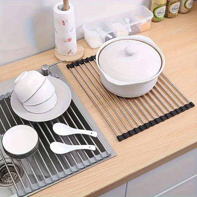 Roll Up Stainless Steel Dish Drying Rack for Kitchen Sink Space Saving Organization