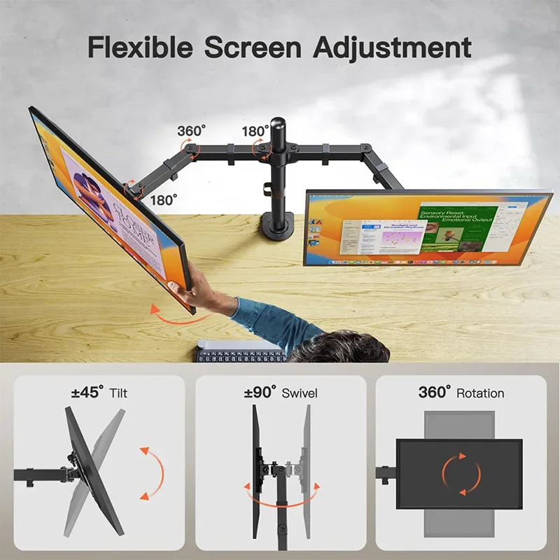 Dual Monitor Stand for 27 Inch Screens with Adjustable Height, Tilt & 360° Rotation
