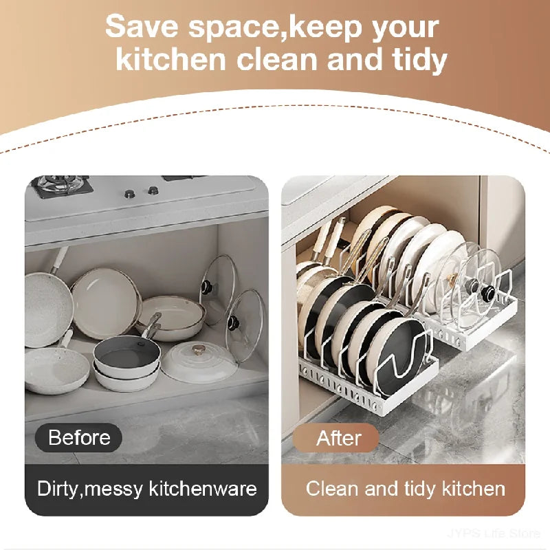 Pull-Out Pots & Pans Organizer for Cabinets – Adjustable Under Cabinet Cookware Storage Rack with 8 Dividers
