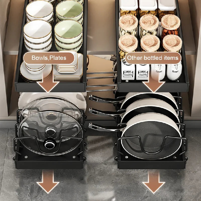 Pull-Out Pots & Pans Organizer for Cabinets – Adjustable Under Cabinet Cookware Storage Rack with 8 Dividers