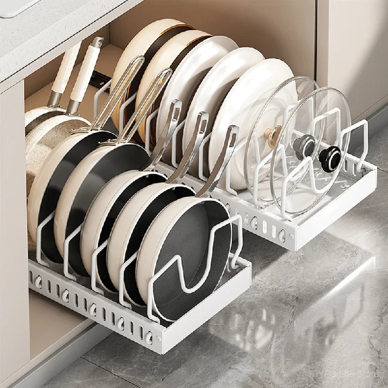 Pull-Out Pots & Pans Organizer for Cabinets – Adjustable Under Cabinet Cookware Storage Rack with 8 Dividers