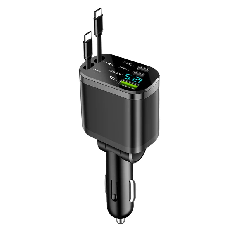 5-in-1 Retractable Car Charger with PD Fast Charging & USB Ports