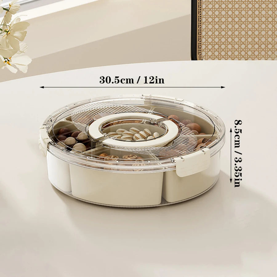 Rotating Snack Serving Tray with Lid & Handle – Divided Snack Spinner Organizer for Fruits, Candy, Nuts & Party Platters