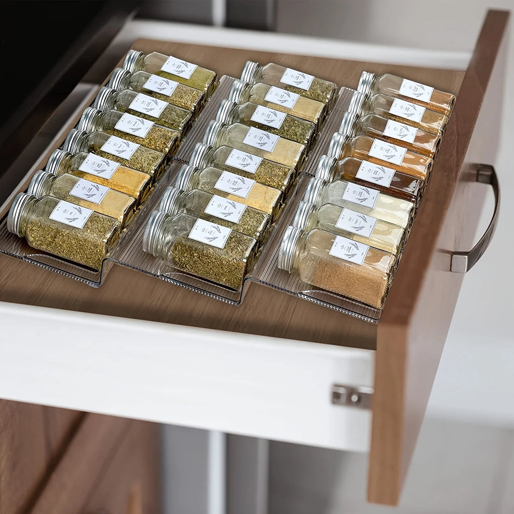 Organizador de cajones para especias extensible de 2 piezas, organizador de cocina de plástico, almacenamiento duradero que ahorra espacio para gabinetes, encimeras