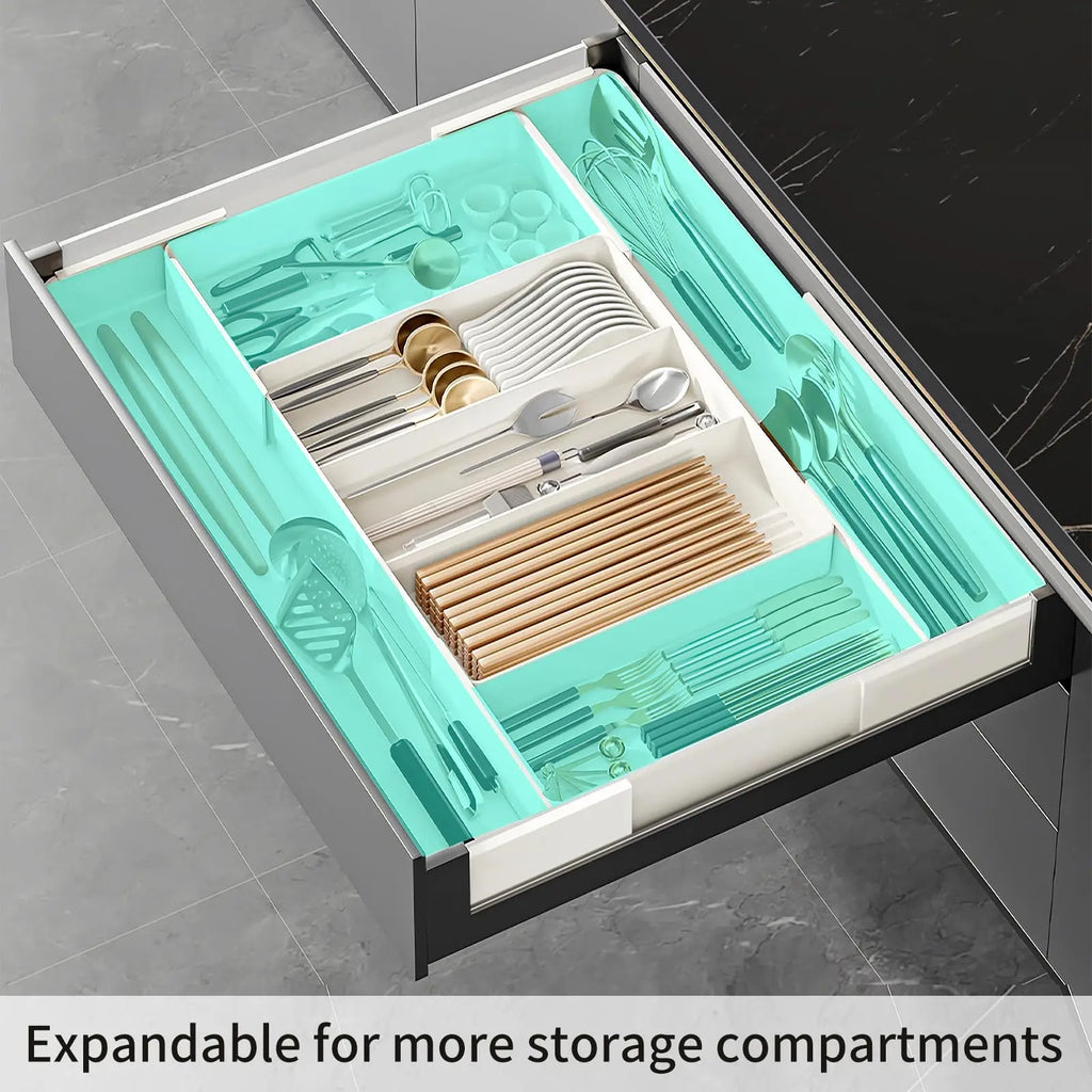 Organizador de cajones, Bandeja de cubiertos para cajón de cocina, Utensilio expandible con compartimento, Soporte para cucharas, tenedores y cuchillos