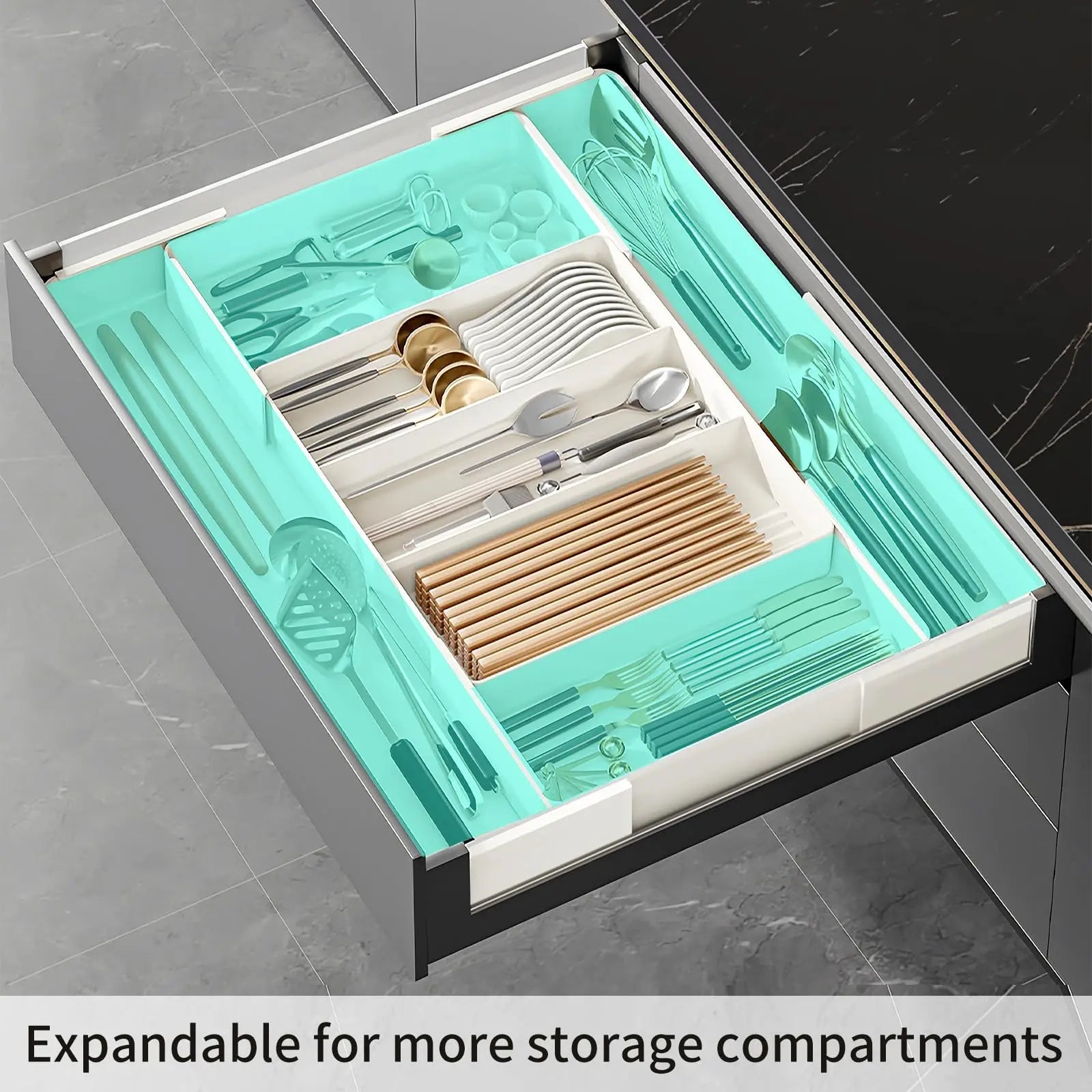 Organizador de cajones, Bandeja de cubiertos para cajón de cocina, Utensilio expandible con compartimento, Soporte para cucharas, tenedores y cuchillos