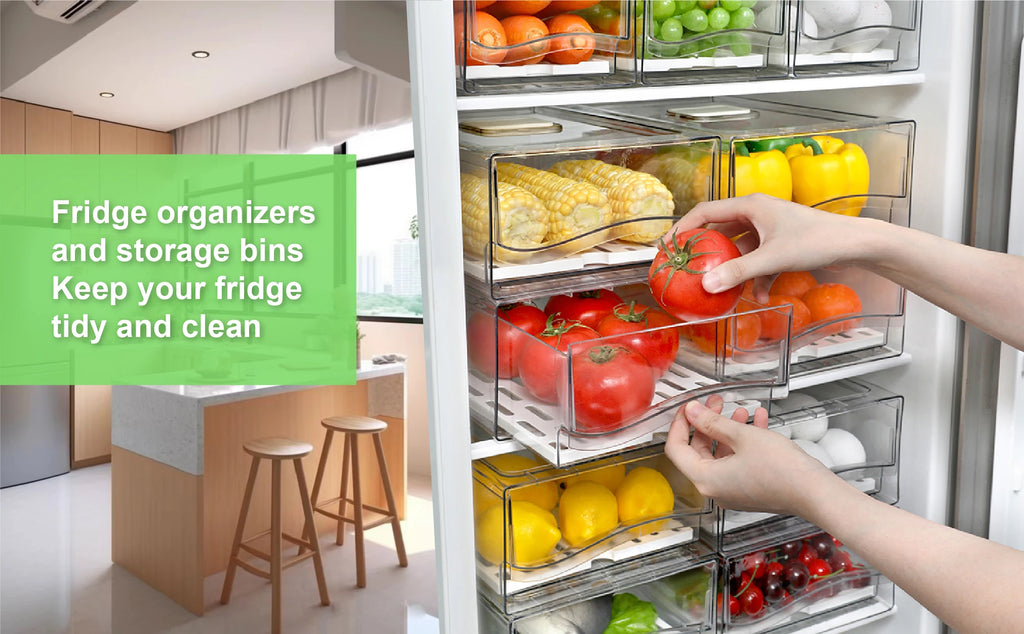 Organizador de nevera, Contenedores organizadores apilables para nevera Contenedores reutilizables de almacenamiento de alimentos Organizador de cajones de nevera para cocina doméstica