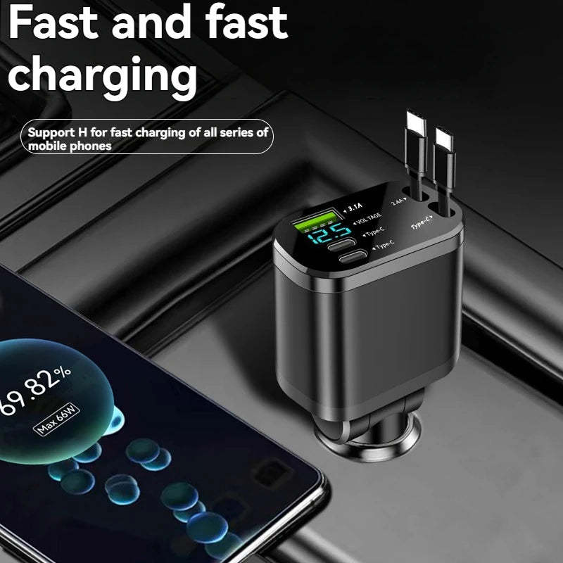 5-in-1 Retractable Car Charger with PD Fast Charging & USB Ports