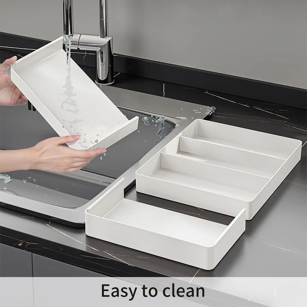 Organizador de cajones, Bandeja de cubiertos para cajón de cocina, Utensilio expandible con compartimento, Soporte para cucharas, tenedores y cuchillos