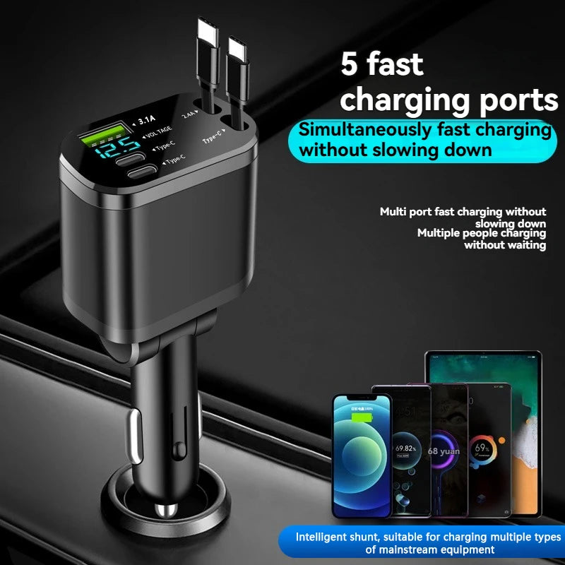 5-in-1 Retractable Car Charger with PD Fast Charging & USB Ports