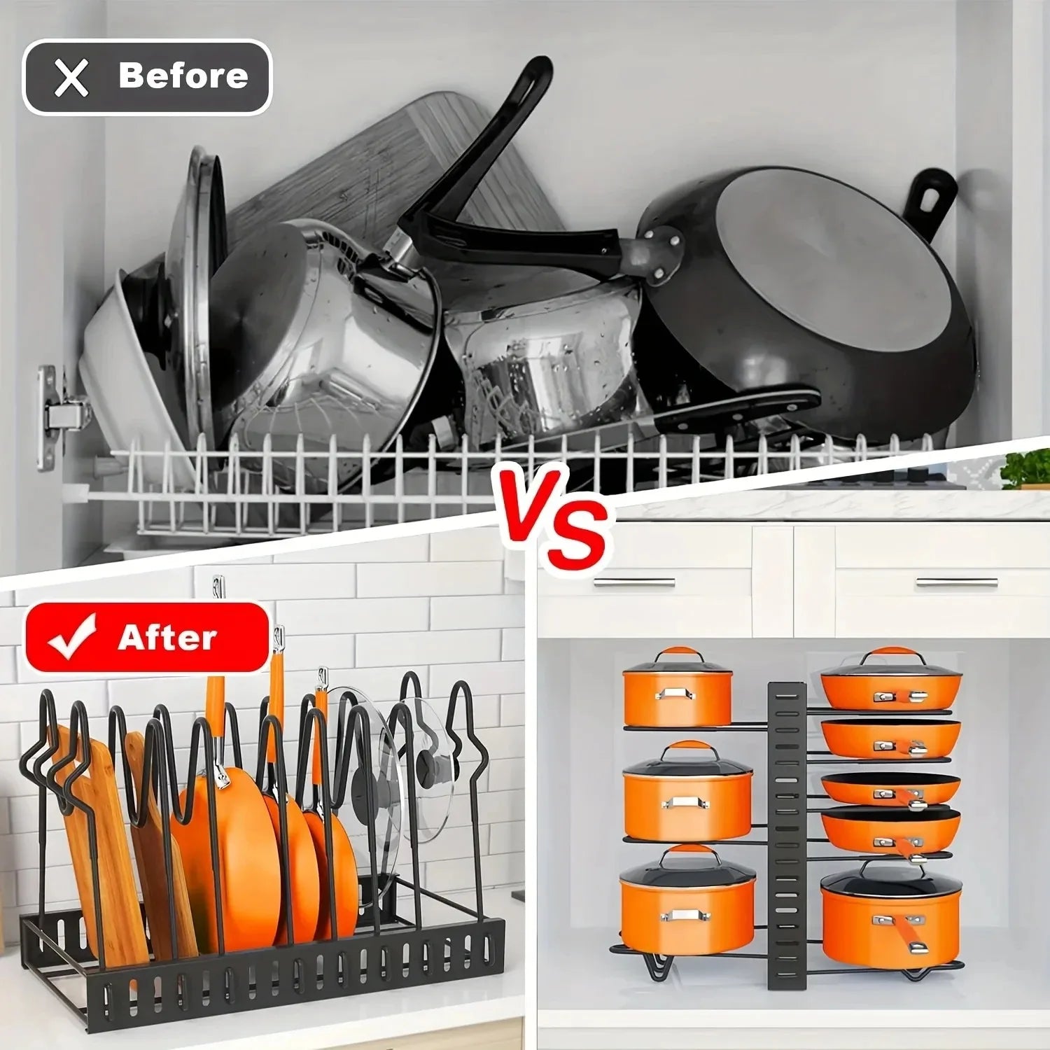 8-Tier Adjustable Pot & Pan Organizer Rack for Kitchen Cabinets