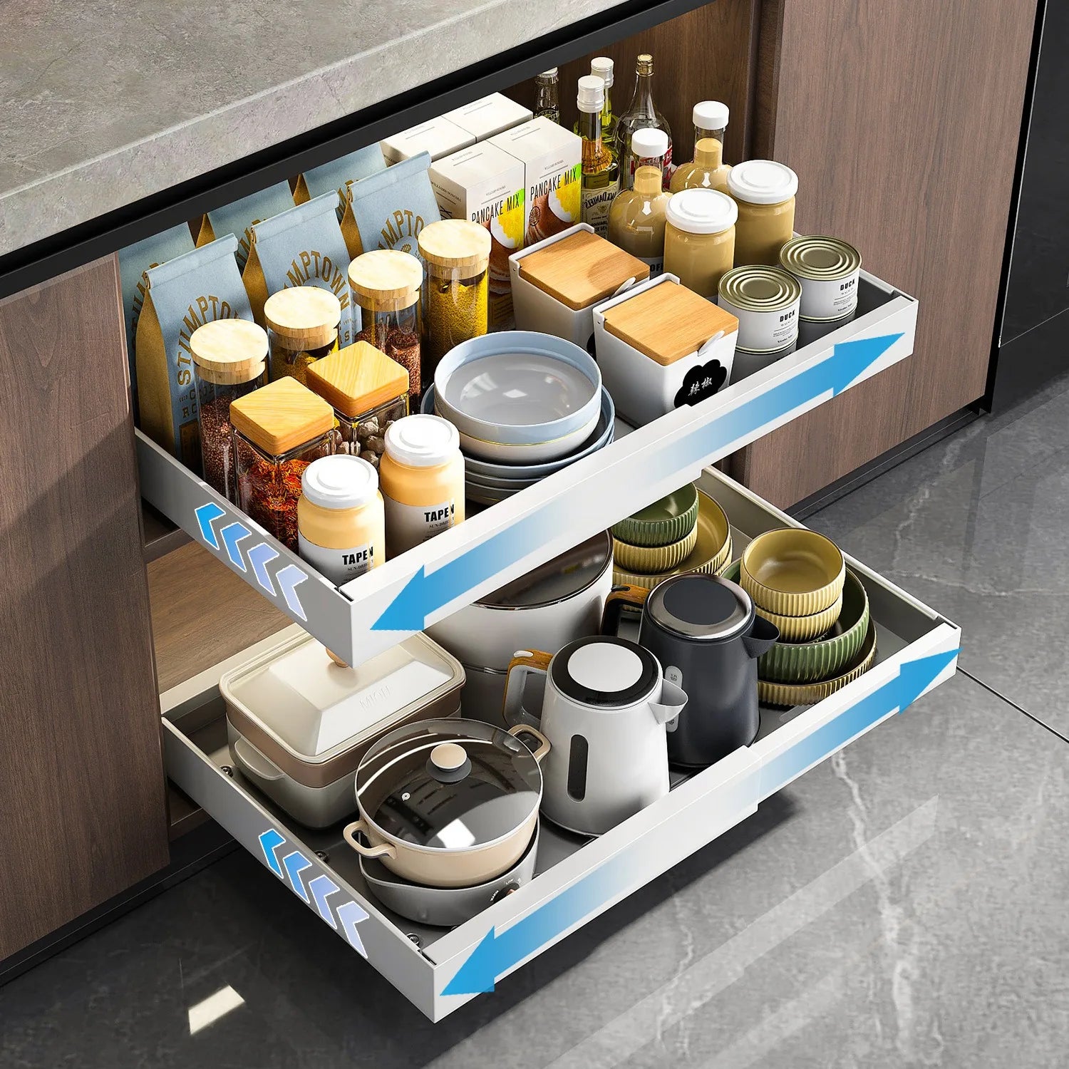 Expandable Pull-Out Cabinet Organizer with Adjustable Sliding Drawer