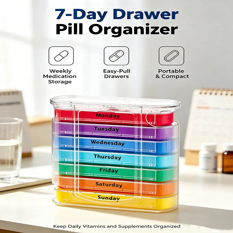 7-Day Weekly Pill Organizer – Portable Daily Medicine Storage Box with Colorful Drawer Design for Home & Travel
