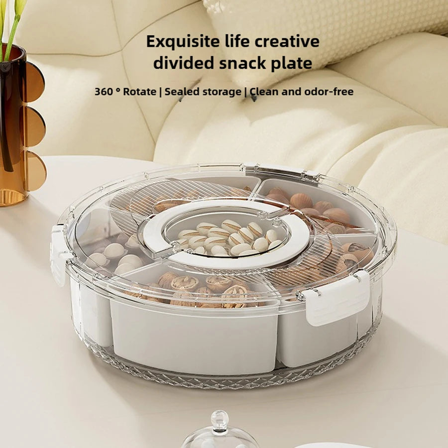 Rotating Snack Serving Tray with Lid & Handle – Divided Snack Spinner Organizer for Fruits, Candy, Nuts & Party Platters