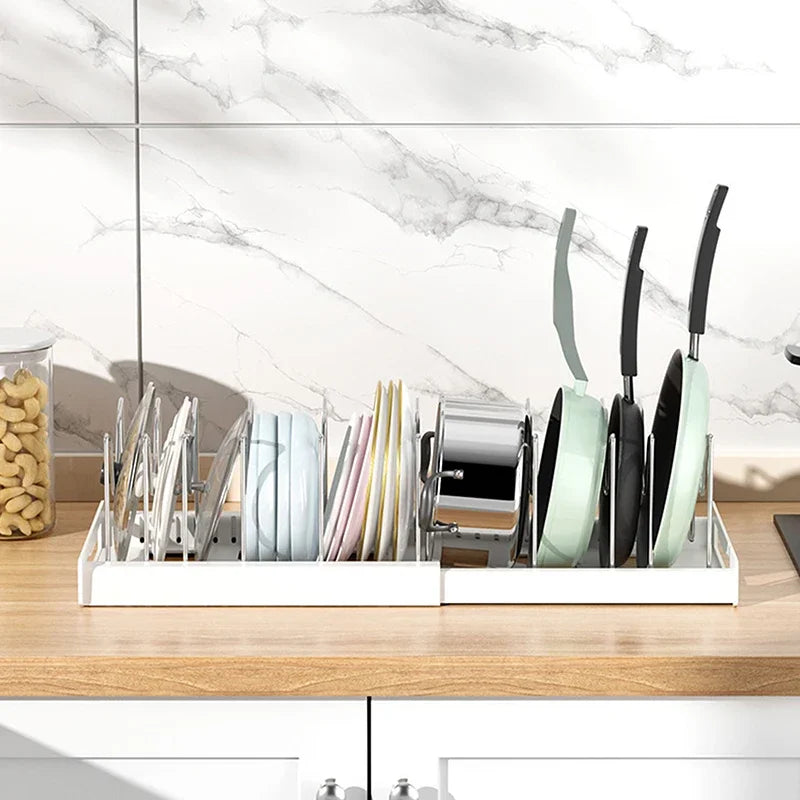 Estante organizador de sartenes expandible con 7 compartimentos ajustables, estante de almacenamiento de platos, organizador de tapas de ollas, soporte de ollas, estante de utensilios de cocina