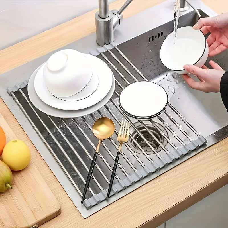 Roll Up Stainless Steel Dish Drying Rack for Kitchen Sink Space Saving Organization