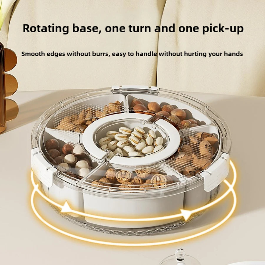 Rotating Snack Serving Tray with Lid & Handle – Divided Snack Spinner Organizer for Fruits, Candy, Nuts & Party Platters