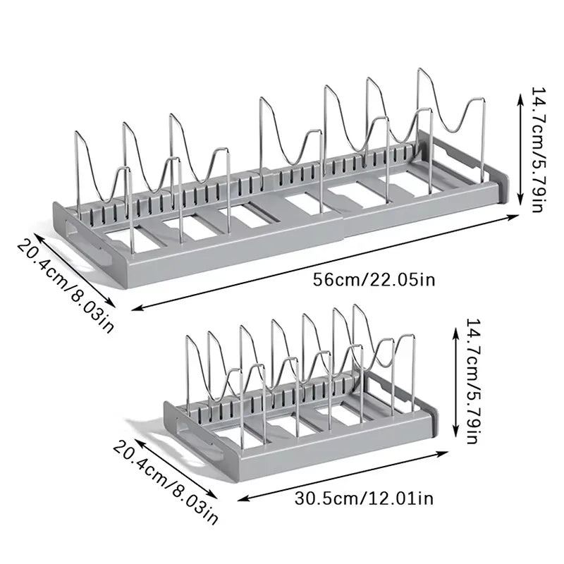 Estante organizador de sartenes expandible con 7 compartimentos ajustables, estante de almacenamiento de platos, organizador de tapas de ollas, soporte de ollas, estante de utensilios de cocina