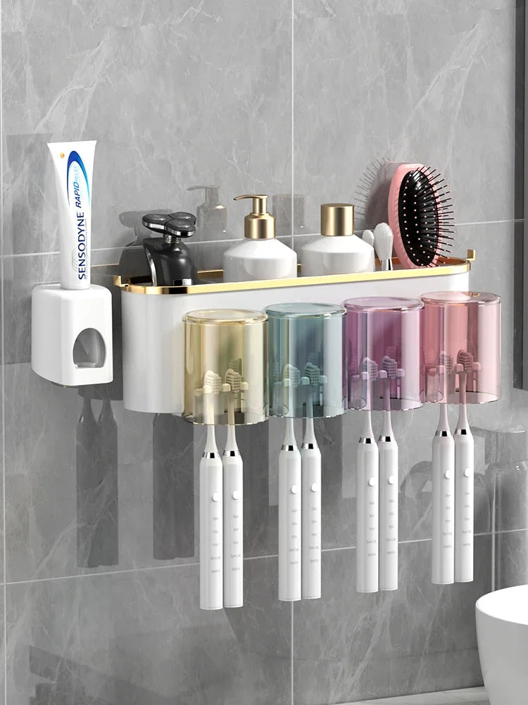 Wall-Mounted Toothbrush Holder with Toothpaste Squeezer & Cup