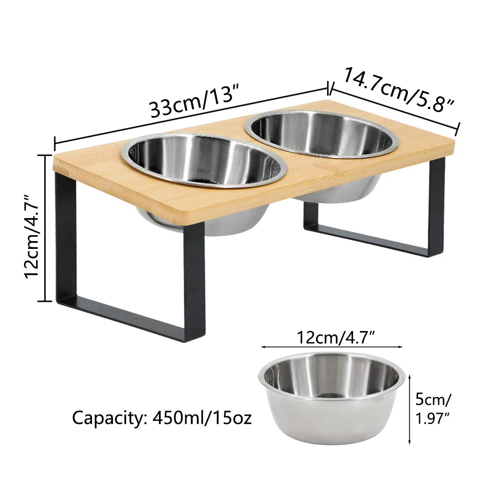 Elevated Cat Bowls with Wooden Stand – 15° Tilted Raised Stainless Steel Feeder for Cats & Puppies